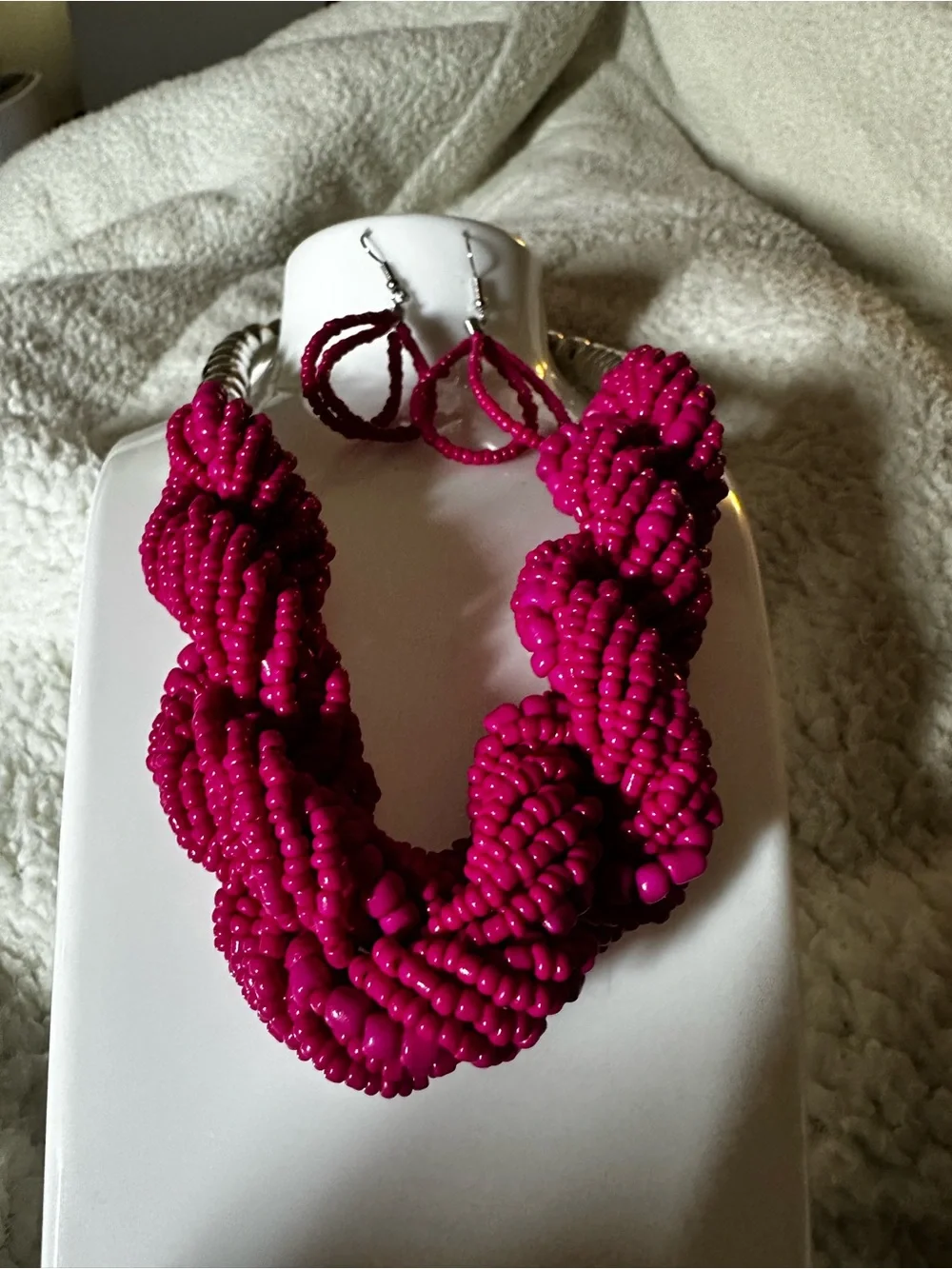 Handcrafted Hot Pink Beaded Necklace & Earrings Set